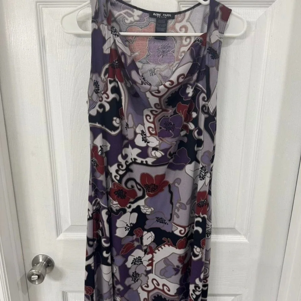 Vintage BCBG Cowl Neck‎ Midi Dress with Purple Floral Pattern Sleeveless Boho MP